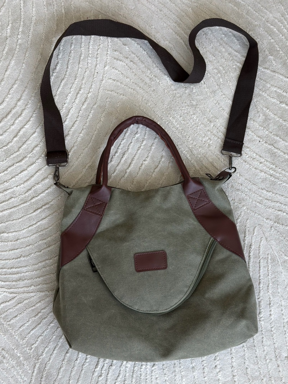 Olive Canvas Crossbody Bag with Brown Trim